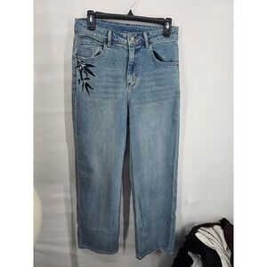 Bamboo Embroidered Pearl Accent Straight Leg Jeans Light Wash Blue Size 29